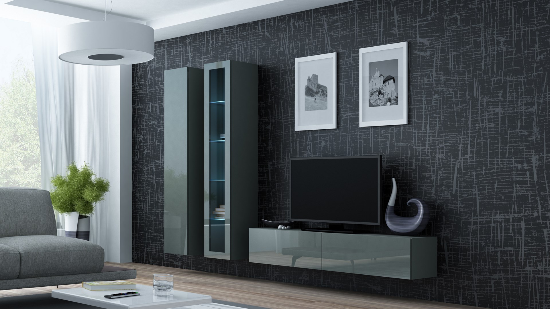 Cama Living room cabinet set VIGO 10 grey/grey gloss Cama Living room cabinet set VIGO 10 grey/grey gloss