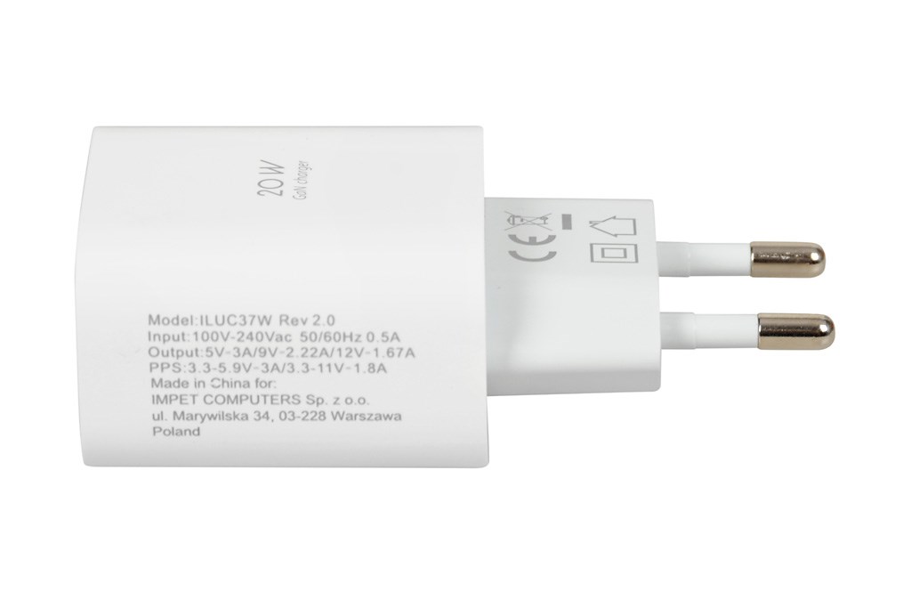 Wall charger iBOX C-37 GaN PD20W, white Wall charger iBOX C-37 GaN PD20W, white