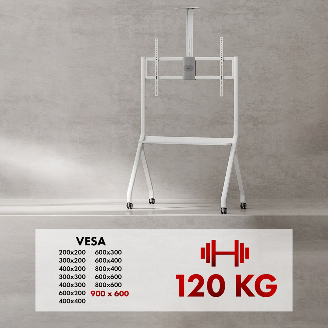 Maclean TV stand / cart, camera shelf, on casters, 55-100", max load 120kg/10kg shelf, max. VESA 900x600, white, MC-114 W Maclean TV stand / cart, camera shelf, on casters, 55-100", max load 120kg/10kg shelf, max. VESA 900x600, white, MC-114 W
