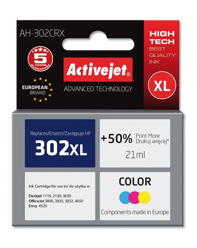 Activejet AH-302CRX Ink (replacement for HP 302XL F6U67AE; Premium; 21 ml; 500 pages, color) Activejet AH-302CRX Ink (replacement for HP 302XL F6U67AE; Premium; 21 ml; 500 pages, color)