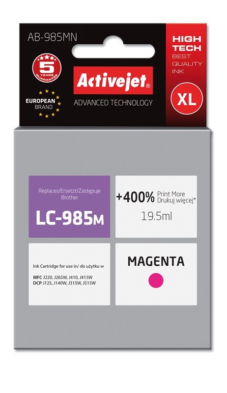 Activejet AB-985MN Ink (Replacement for Brother LC985M; Supreme; 19.5 ml; magenta) Activejet AB-985MN Ink (Replacement for Brother LC985M; Supreme; 19.5 ml; magenta)