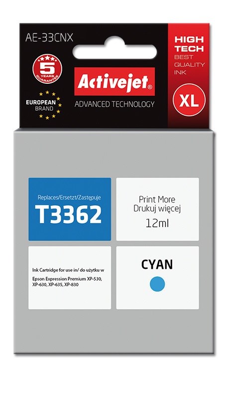 Activejet AE-33CNX Ink cartridge (replacement for Epson 33XL T3362; Supreme; 12 ml; cyan) Activejet AE-33CNX Ink cartridge (replacement for Epson 33XL T3362; Supreme; 12 ml; cyan)
