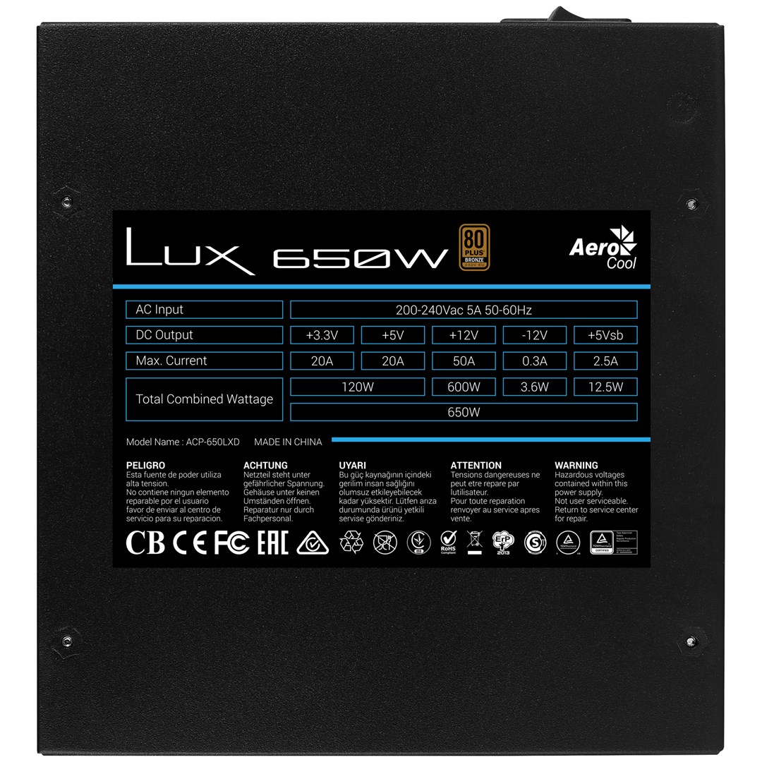 Aerocool LUX 650W power supply unit 20+4 pin ATX ATX Black Aerocool LUX 650W power supply unit 20+4 pin ATX ATX Black