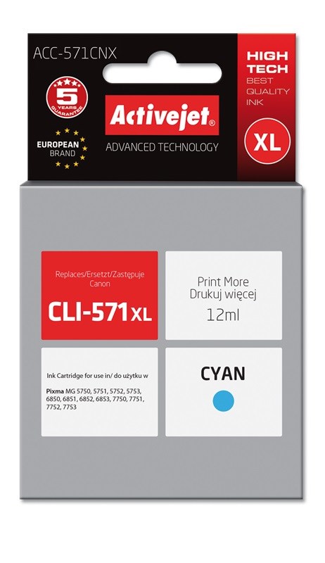 Activejet ACC-571CNX Ink (replacement for Canon CLI-571XLC; Supreme; 12 ml; cyan) Activejet ACC-571CNX Ink (replacement for Canon CLI-571XLC; Supreme; 12 ml; cyan)