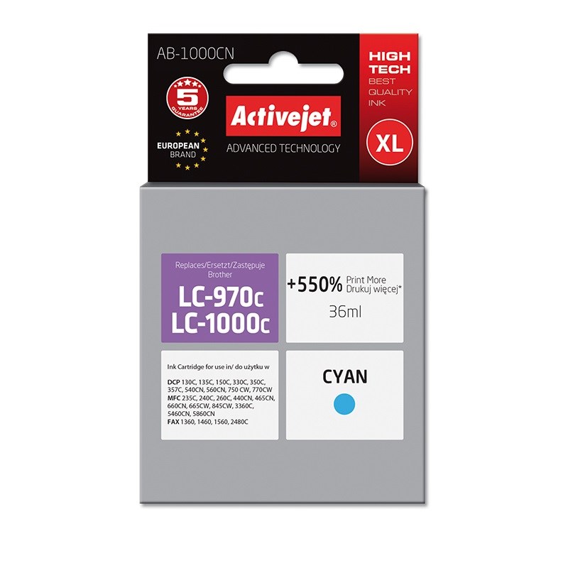 Activejet AB-1000CN Ink (replacement for Brother LC1000C/970C; Supreme; 36 ml; cyan). Prints 550% more. Activejet AB-1000CN Ink (replacement for Brother LC1000C/970C; Supreme; 36 ml; cyan). Prints 550% more.