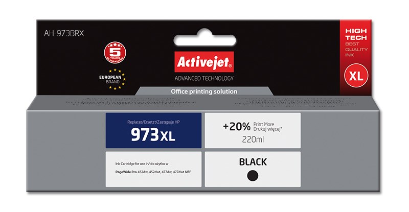 Activejet AH-973BRX ink (replacement for HP 973XL L0S07AE; Premium; 220 ml; black) Activejet AH-973BRX ink (replacement for HP 973XL L0S07AE; Premium; 220 ml; black)