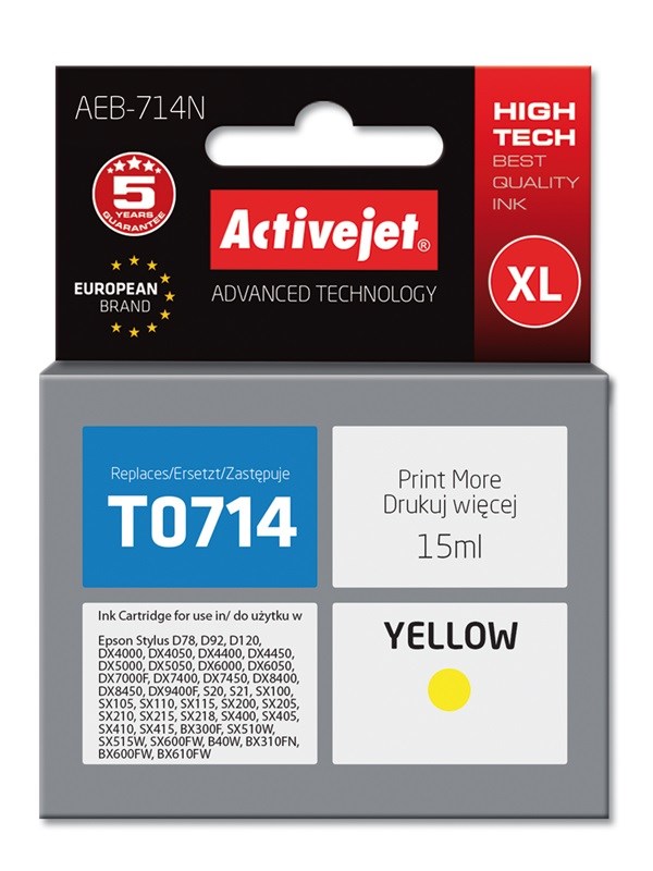 Activejet AEB-714N Ink (replacement for Epson T0714, T0894, T1004; Supreme; 15 ml; yellow) Activejet AEB-714N Ink (replacement for Epson T0714, T0894, T1004; Supreme; 15 ml; yellow)