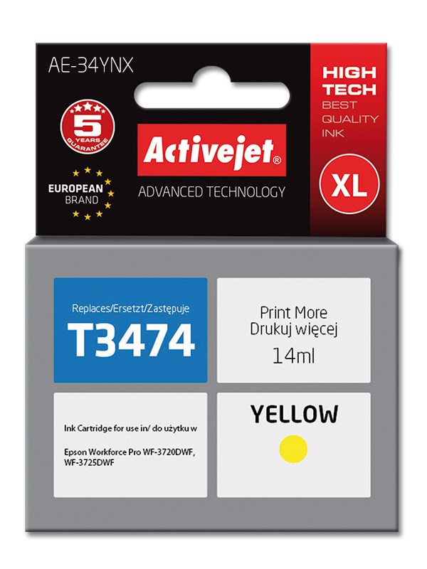 Activejet AE-34YNX Ink Cartridge (replacement for Epson 34XL T3474; Supreme; 14 ml; yellow) Activejet AE-34YNX Ink Cartridge (replacement for Epson 34XL T3474; Supreme; 14 ml; yellow)
