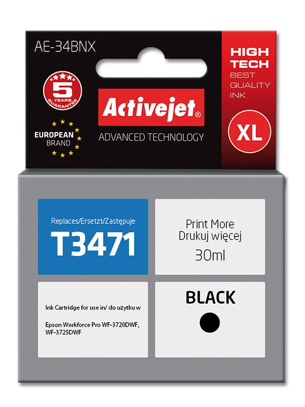 Activejet AE-34BNX ink (replacement for Epson 34XL T3471; Supreme; 30 ml; black) Activejet AE-34BNX ink (replacement for Epson 34XL T3471; Supreme; 30 ml; black)