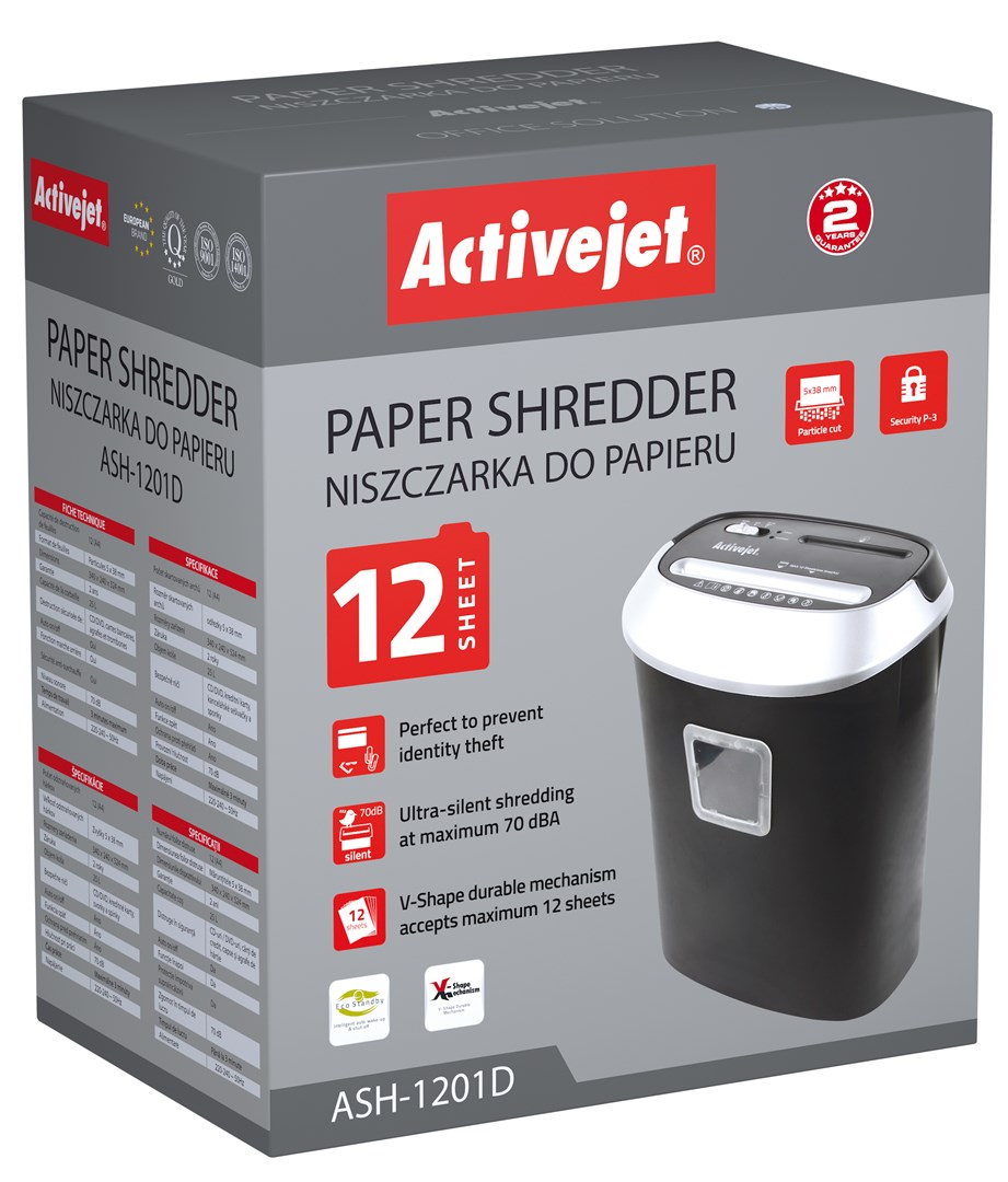 Shredder Activejet ASH-1201D, P-3, 25 l, 5x38 mm shreds, black and silver. Shredder Activejet ASH-1201D, P-3, 25 l, 5x38 mm shreds, black and silver.