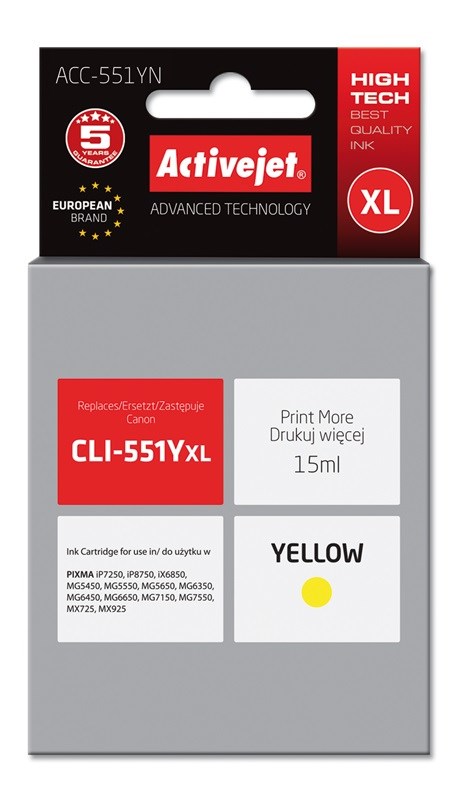 Activejet ACC-551YN Ink cartridge (replacement for Canon CLI-551Y; Supreme; 15 ml; yellow) Activejet ACC-551YN Ink cartridge (replacement for Canon CLI-551Y; Supreme; 15 ml; yellow)