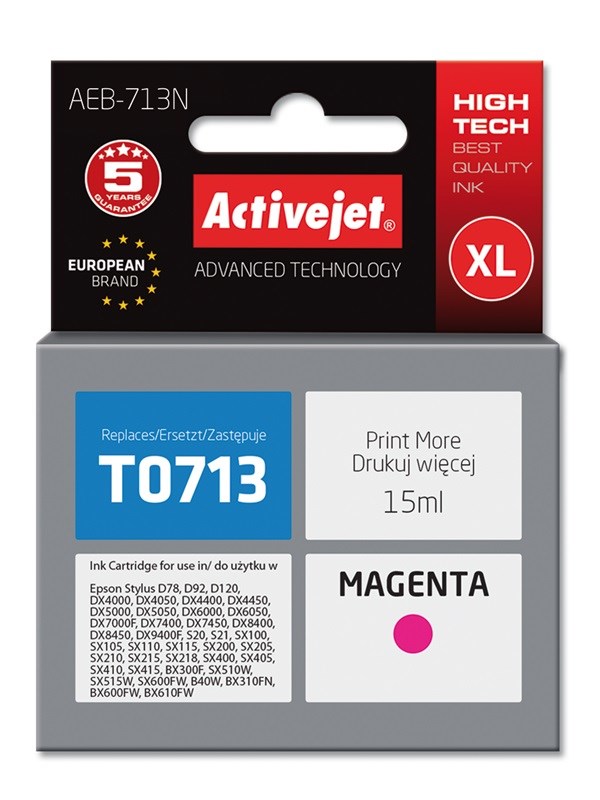 Activejet AEB-713N Ink (replacement for Epson T0713, T0893, T1003; Supreme; 15 ml; magenta) Activejet AEB-713N Ink (replacement for Epson T0713, T0893, T1003; Supreme; 15 ml; magenta)