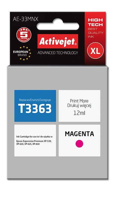 Activejet AE-33MNX Ink cartridge (replacement for Epson 33XL T3363; Supreme; 12 ml; magenta) Activejet AE-33MNX Ink cartridge (replacement for Epson 33XL T3363; Supreme; 12 ml; magenta)