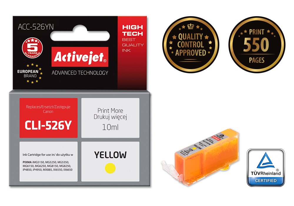 Activejet ACC-526YN Ink cartridge (replacement for Canon CLI-526Y; Supreme; 10 ml; yellow) Activejet ACC-526YN Ink cartridge (replacement for Canon CLI-526Y; Supreme; 10 ml; yellow)