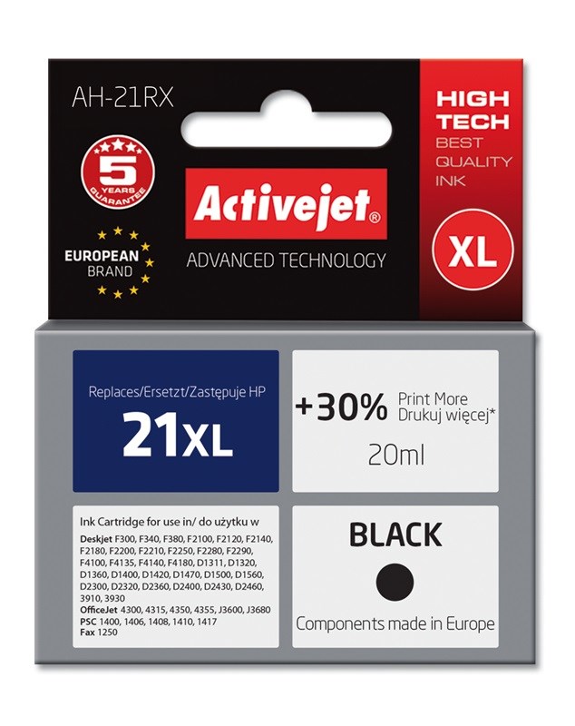 Activejet AH-21RX Ink (replacement for HP 21XL C9351A; Premium; 20 ml; black) Activejet AH-21RX Ink (replacement for HP 21XL C9351A; Premium; 20 ml; black)