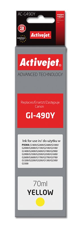 Activejet AC-G490Y Ink cartridge (replacement for Canon GI-490Y; Supreme; 70 ml; 7000 pages, yellow) Activejet AC-G490Y Ink cartridge (replacement for Canon GI-490Y; Supreme; 70 ml; 7000 pages, yellow)